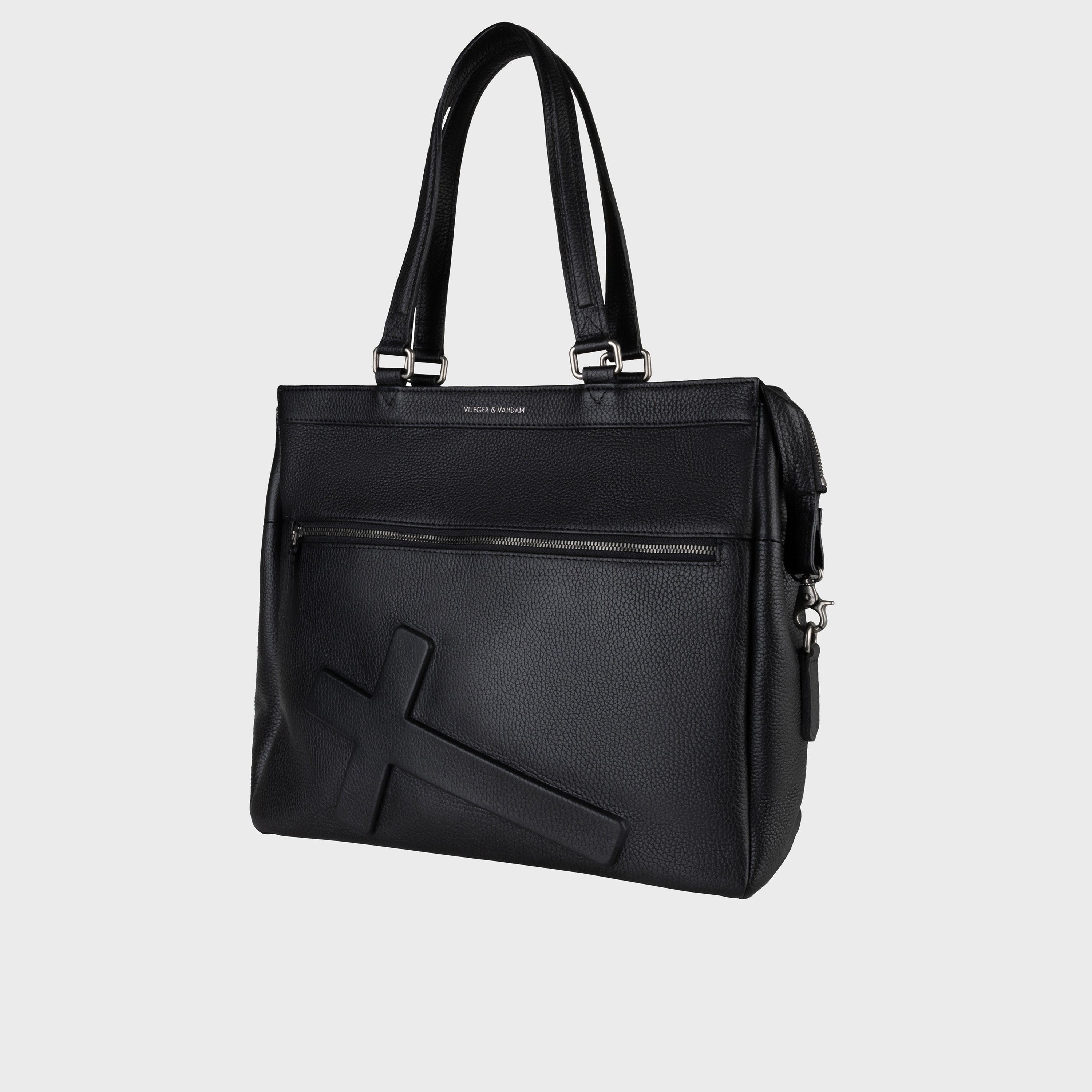 Black handbag with a prominent brand logo on a light gray background