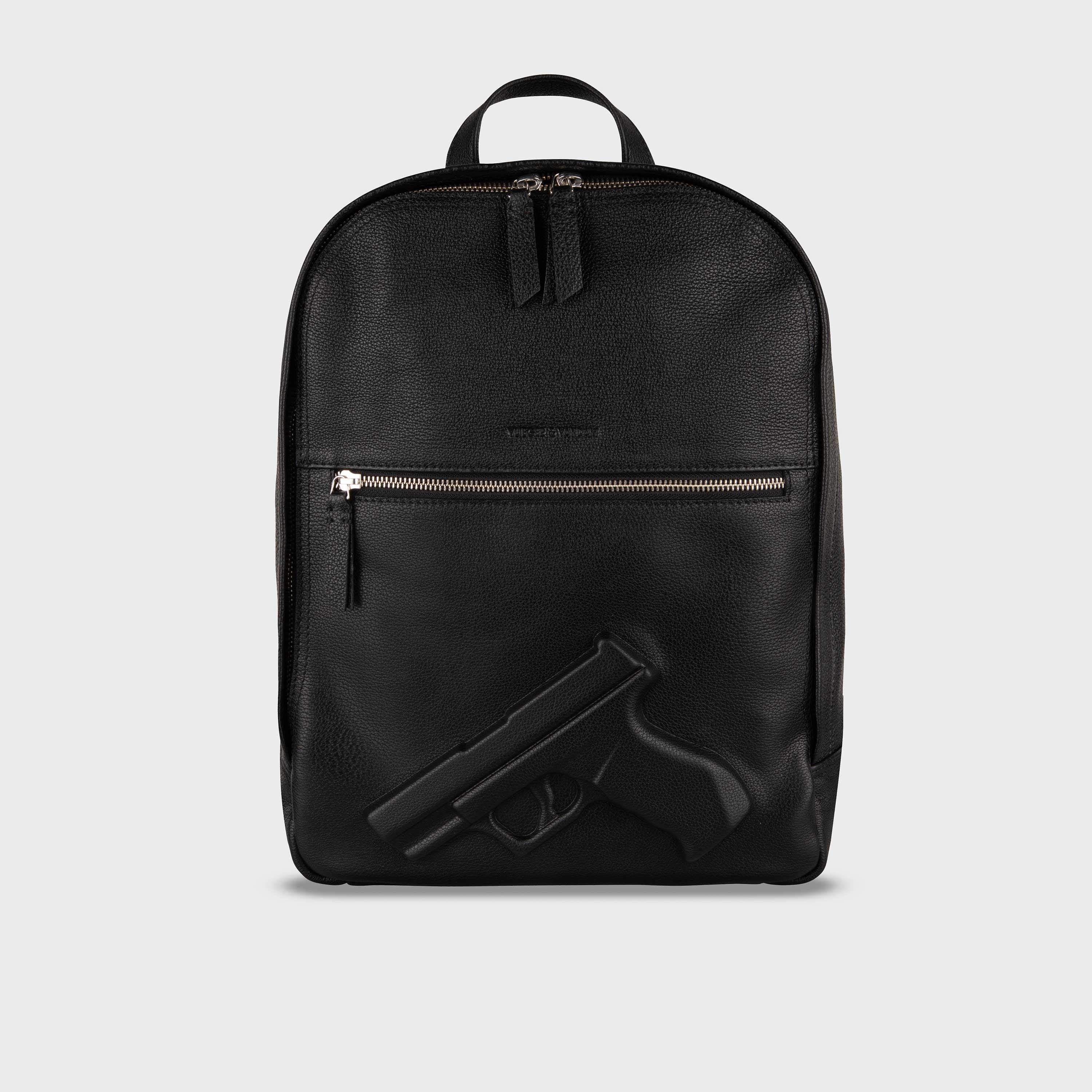 Leather backpack with real size gun embossing on front.